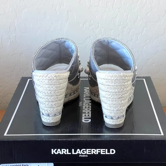 Karl Lagerfeld Sandals 6.5 Camila Silver Pearl Stud Jute Platform Wedge New!