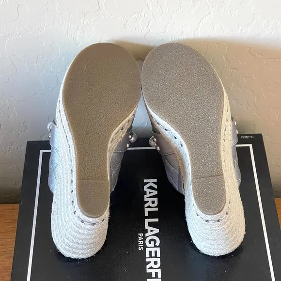 Karl Lagerfeld Sandals 6.5 Camila Silver Pearl Stud Jute Platform Wedge New!