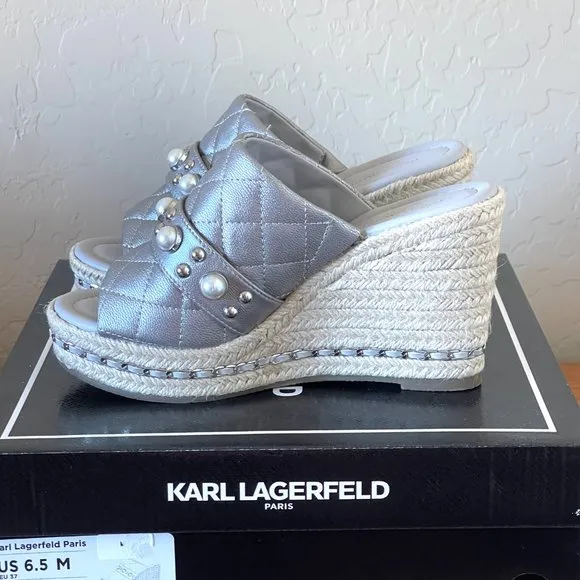 Karl Lagerfeld Sandals 6.5 Camila Silver Pearl Stud Jute Platform Wedge New!