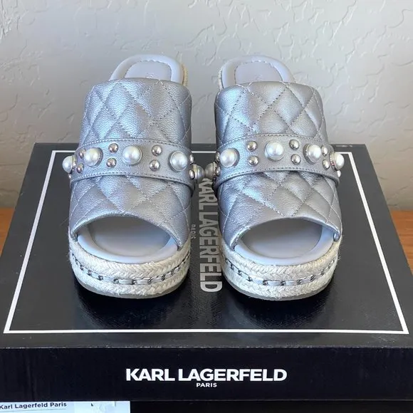 Karl Lagerfeld Sandals 6.5 Camila Silver Pearl Stud Jute Platform Wedge New!