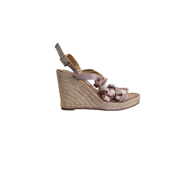 Kate Spade Espadrille Wedge Sandals Ribbon Bow Pearl Detail Feminine Size 8.5