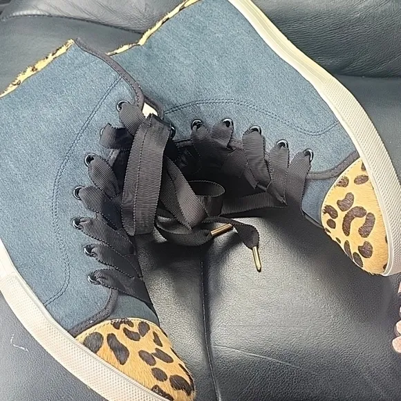 𝅺KATE SPADE Linus Denim &amp; Animal Print Calf Hair High Top Sneakers 11.