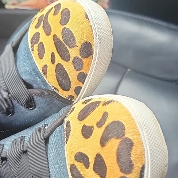 𝅺KATE SPADE Linus Denim &amp; Animal Print Calf Hair High Top Sneakers 11.