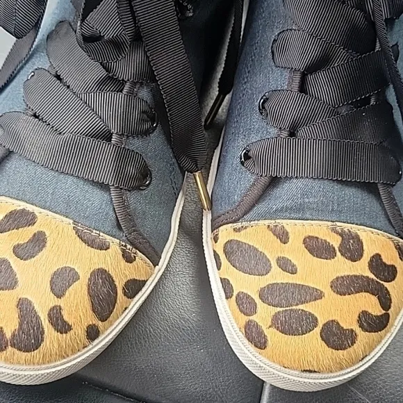 𝅺KATE SPADE Linus Denim &amp; Animal Print Calf Hair High Top Sneakers 11.