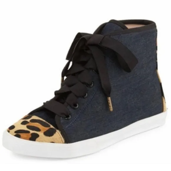 𝅺KATE SPADE Linus Denim &amp; Animal Print Calf Hair High Top Sneakers 11.