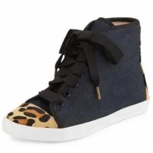 𝅺KATE SPADE Linus Denim &amp; Animal Print Calf Hair High Top Sneakers 11.