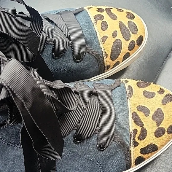 𝅺KATE SPADE Linus Denim &amp; Animal Print Calf Hair High Top Sneakers 11.