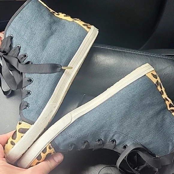 𝅺KATE SPADE Linus Denim &amp; Animal Print Calf Hair High Top Sneakers 11.