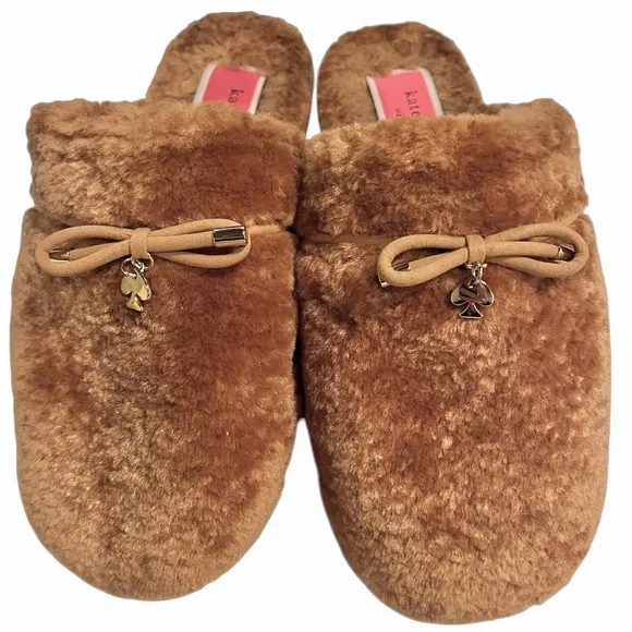Kate Spade Lucy Slippers Size 7 NWOB Fluffy Comfy Fawn Designer Lounge Spa Day