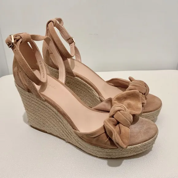 Kate Spade Natural Suede Tianna Espadrille Wedges Beige Leather Platform Sandals