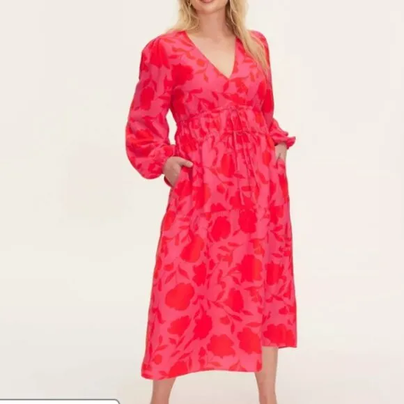kate spade new york Women's Classic Rose Linen Long Sleeve Maxi Dress