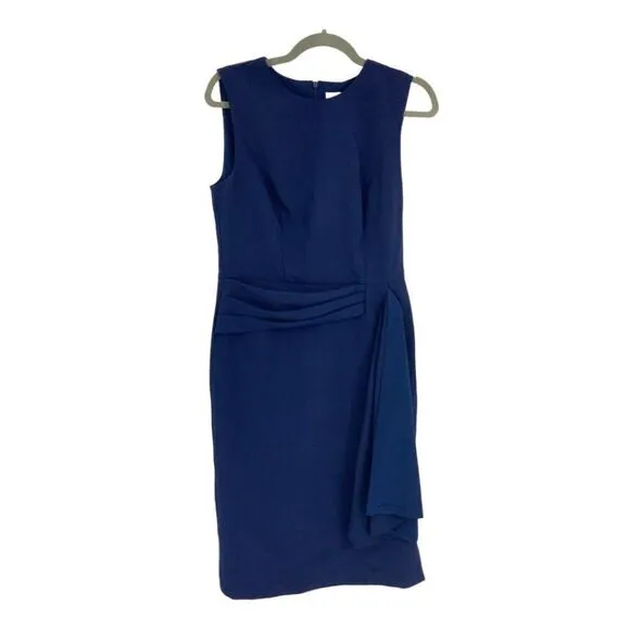 Kay Unger Raven Draped Sheath Midi Dress Navy Blue Size 8 NWOT $278 MSRP