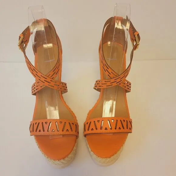 Kazar Leather Orange Straps Platform Wedge Sz 37 Women Shoes