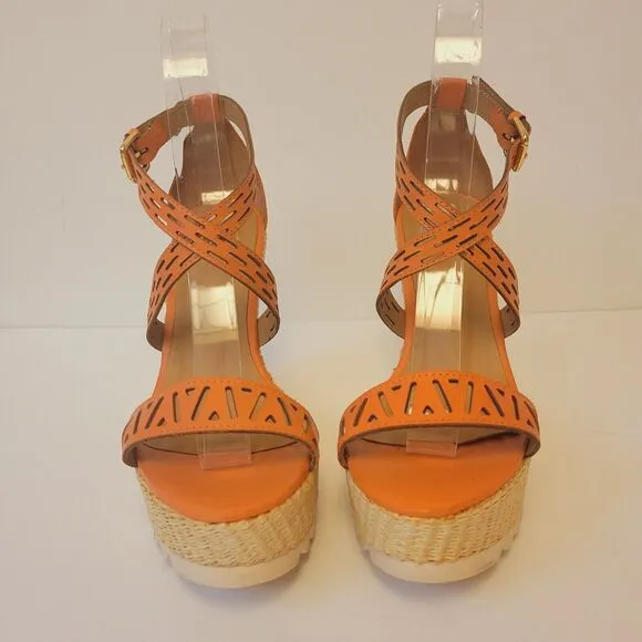 Kazar Leather Orange Straps Platform Wedge Sz 37 Women Shoes