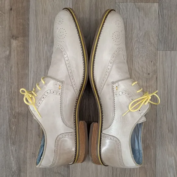 Kenneth Cole Mens 11.5 Social Leader Leather Wingtip Oxford Dress Shoes Beige