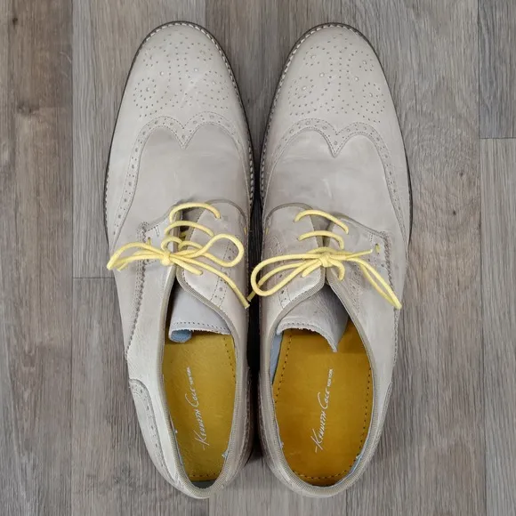 Kenneth Cole Mens 11.5 Social Leader Leather Wingtip Oxford Dress Shoes Beige