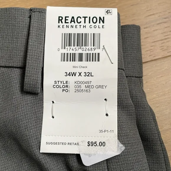 Kenneth Cole Reaction Men’s Modern Fit Grey Mini Check Suit Dress Pants 34Wx32L