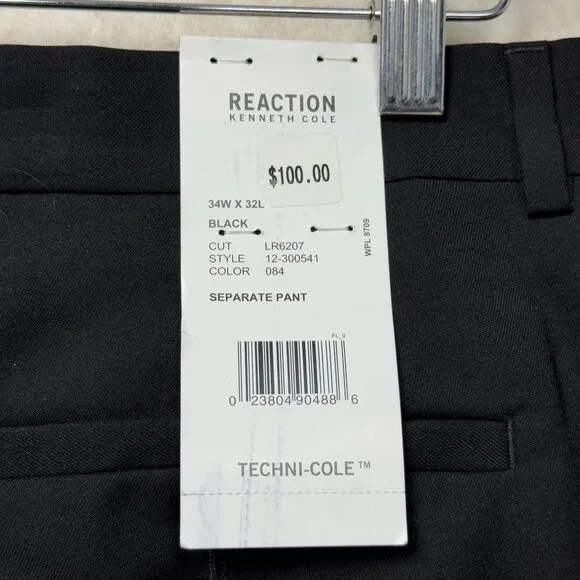 Kenneth Techni Cole Reaction Modern Fit Flat Front Dress Pants Black 34x32 NWT