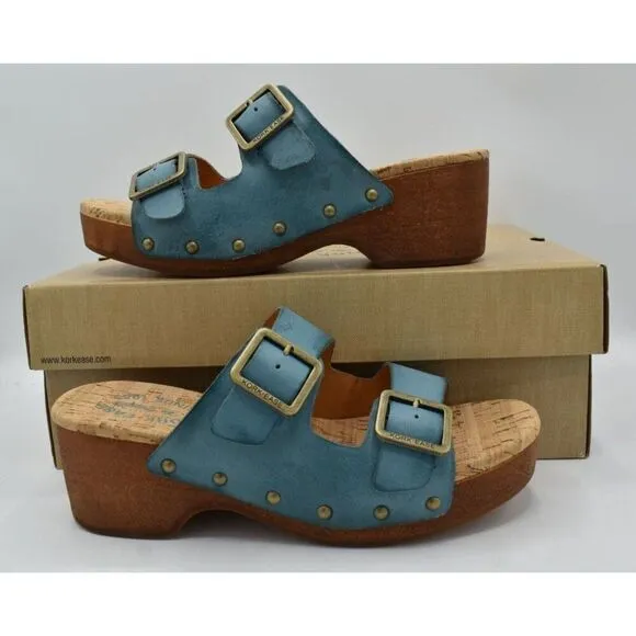Kork Ease Womens Size 8 Saffron Turquoise Full Grain Leather Slide Sandals Shoes