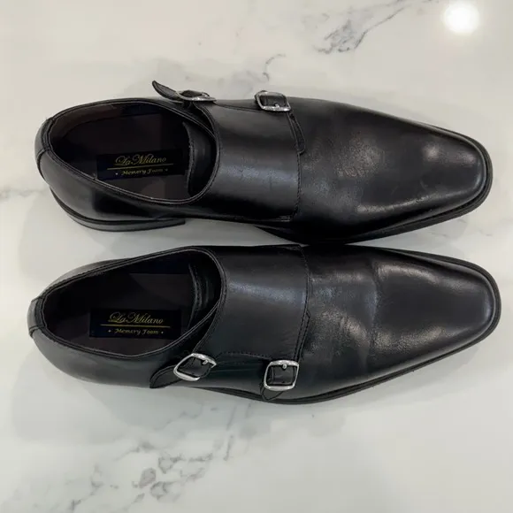 La Milano Monk Strap Dress Shoes Black Leather Size 11 Memory Foam Comfort