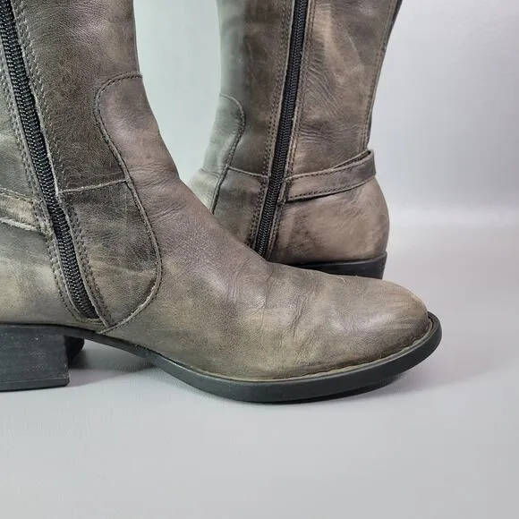 Ladies Born Helen Buckle Zip Knee Boots 8 M Gray Distressed Leather Heel Shoes