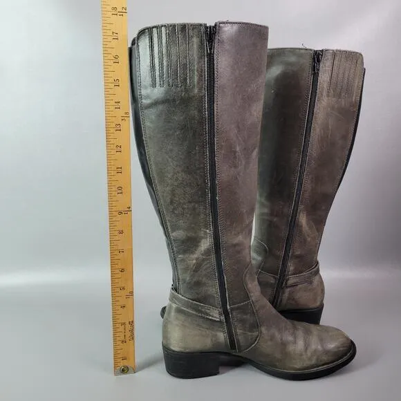 Ladies Born Helen Buckle Zip Knee Boots 8 M Gray Distressed Leather Heel Shoes