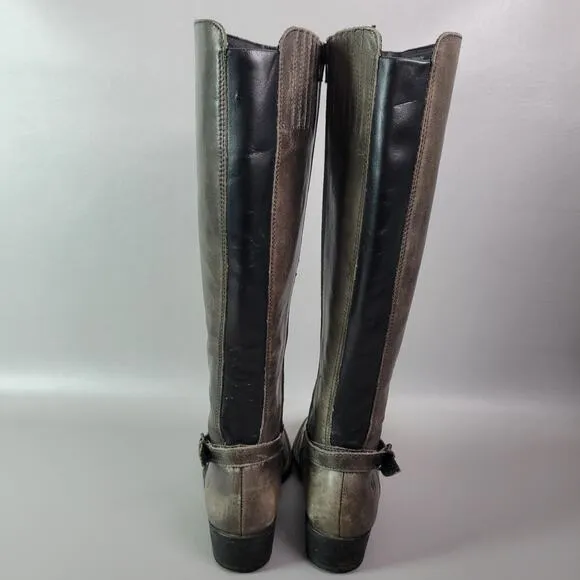 Ladies Born Helen Buckle Zip Knee Boots 8 M Gray Distressed Leather Heel Shoes