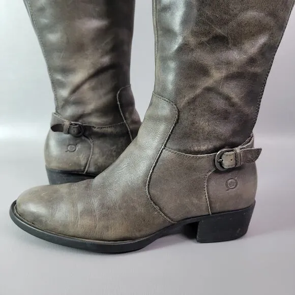 Ladies Born Helen Buckle Zip Knee Boots 8 M Gray Distressed Leather Heel Shoes