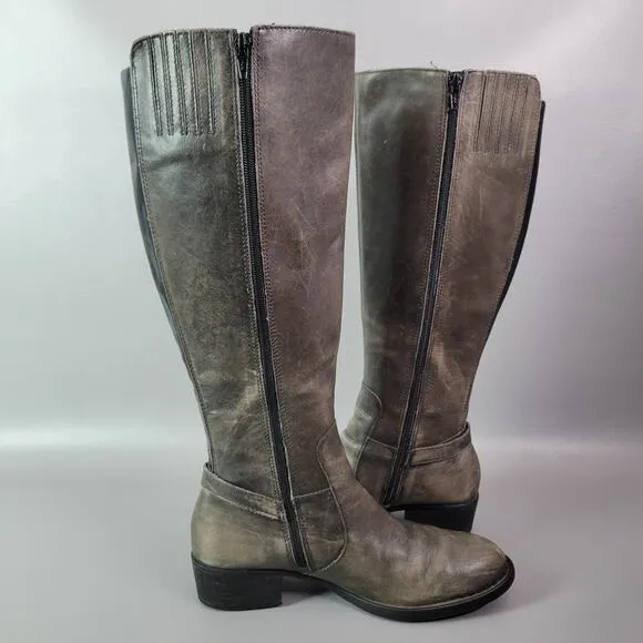 Ladies Born Helen Buckle Zip Knee Boots 8 M Gray Distressed Leather Heel Shoes