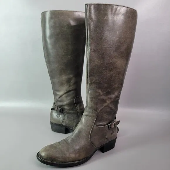 Ladies Born Helen Buckle Zip Knee Boots 8 M Gray Distressed Leather Heel Shoes