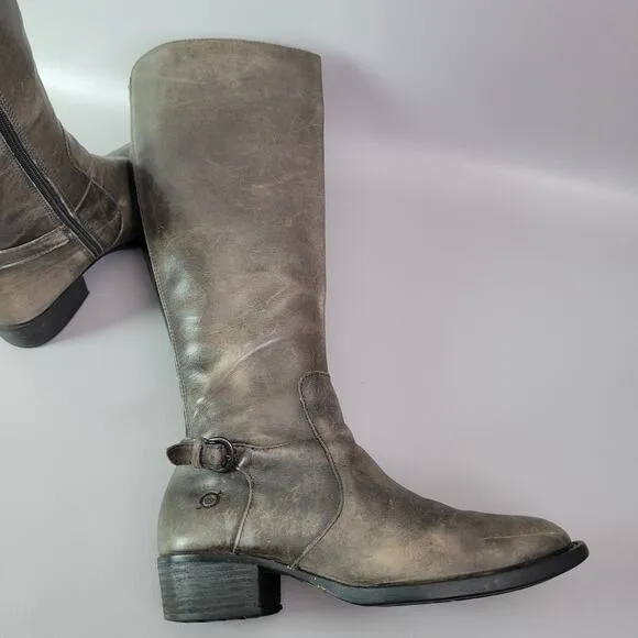 Ladies Born Helen Buckle Zip Knee Boots 8 M Gray Distressed Leather Heel Shoes