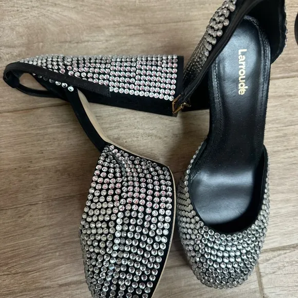 Larroude Black and Silver Platform Heels with Rhinestone Embellishments