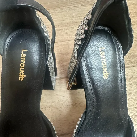 Larroude Black and Silver Platform Heels with Rhinestone Embellishments