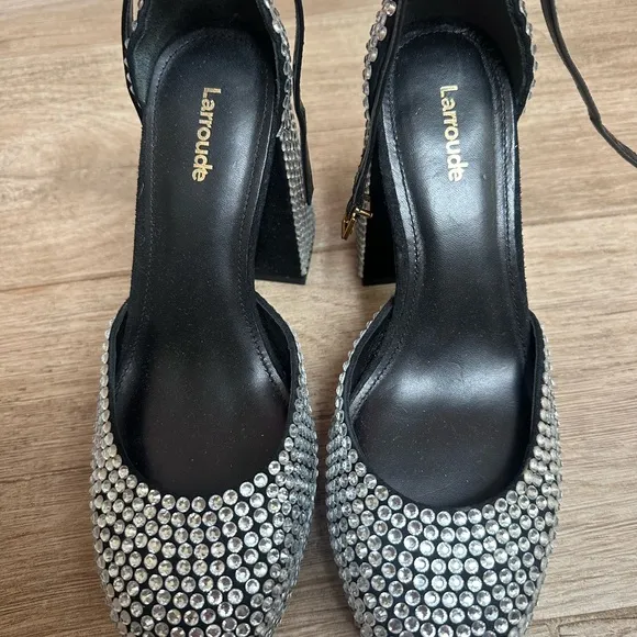 Larroude Black and Silver Platform Heels with Rhinestone Embellishments