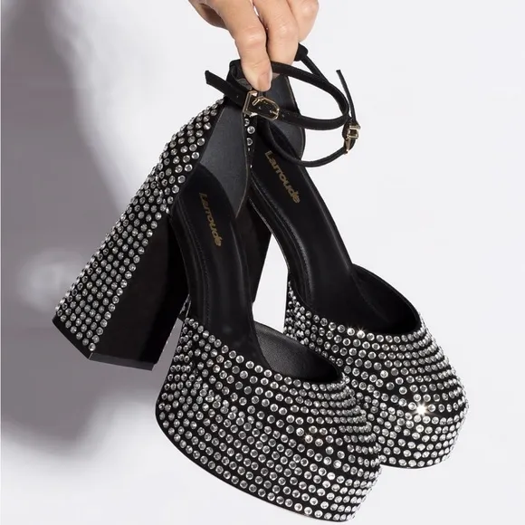 Larroude Black and Silver Platform Heels with Rhinestone Embellishments