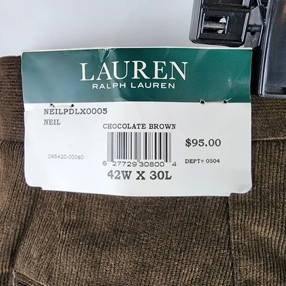 Lauren Ralph Lauren $95 Classic Fit Corduroy Pleated Dress Pants 42X30 Chocolate