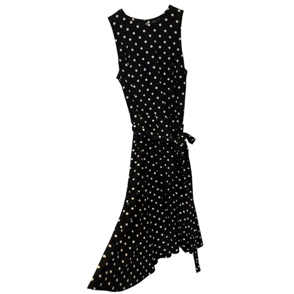 Lauren Ralph Lauren Polka Dot Dress Sleeveless Stretch Midi Black SZ 10
