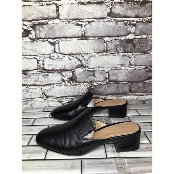 Lewit Black Leather Slip On Block Heel Mules Dress Shoes Women’s Sz 37.5EU/7M US
