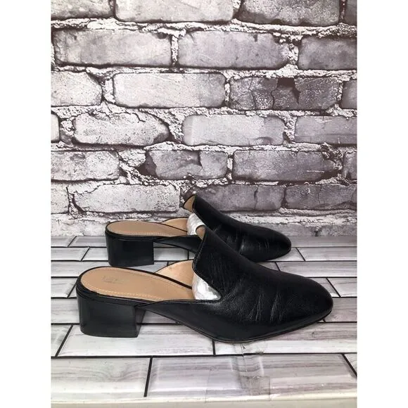 Lewit Black Leather Slip On Block Heel Mules Dress Shoes Women’s Sz 37.5EU/7M US