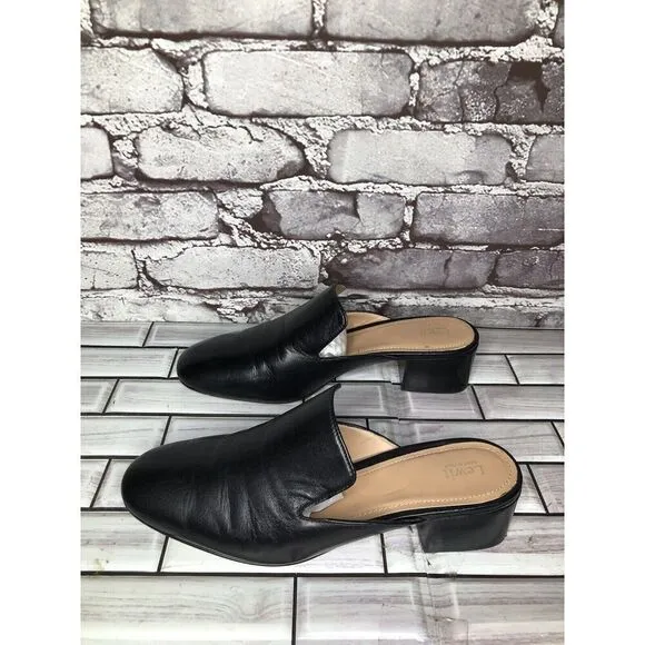 Lewit Black Leather Slip On Block Heel Mules Dress Shoes Women’s Sz 37.5EU/7M US