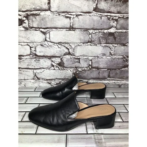 Lewit Black Leather Slip On Block Heel Mules Dress Shoes Women’s Sz 37.5EU/7M US