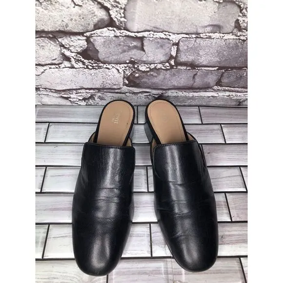 Lewit Black Leather Slip On Block Heel Mules Dress Shoes Women’s Sz 37.5EU/7M US