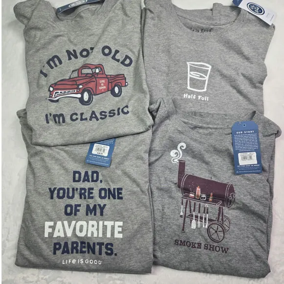 Life Is Good shirts XL Lot of 4 Favorite Parent, Smoke Show, Half Full, Classic