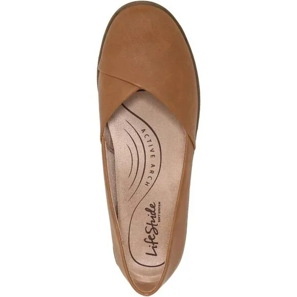 Lifestride Flat Shoes Women Tan Faux Leather Notorious Ballet Flat Comfort Shoes
