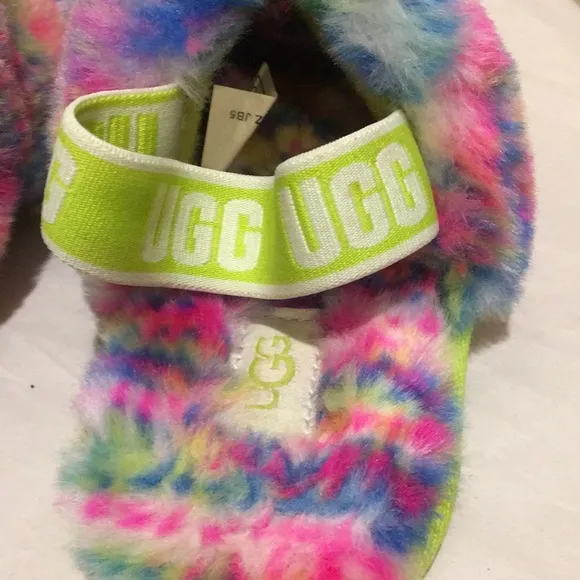 Like New! UGG Fluffy multi color Slippers/sandals elastic back strap kids size 9