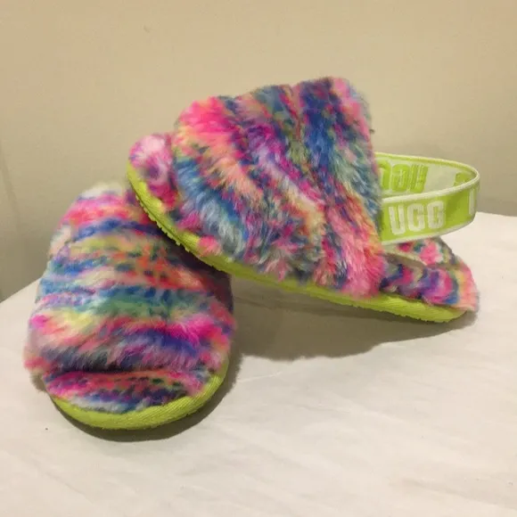 Like New! UGG Fluffy multi color Slippers/sandals elastic back strap kids size 9