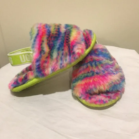 Like New! UGG Fluffy multi color Slippers/sandals elastic back strap kids size 9
