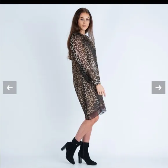 LUISA CERANO Leopard Silk Chiffon Dress Brown Cream Knee Length Shift Sz M