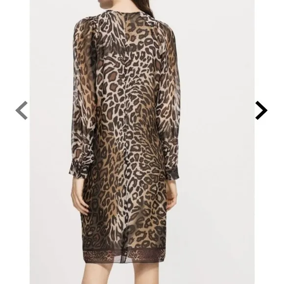 LUISA CERANO Leopard Silk Chiffon Dress Brown Cream Knee Length Shift Sz M