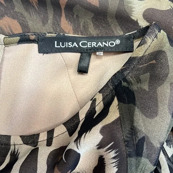 LUISA CERANO Leopard Silk Chiffon Dress Brown Cream Knee Length Shift Sz M